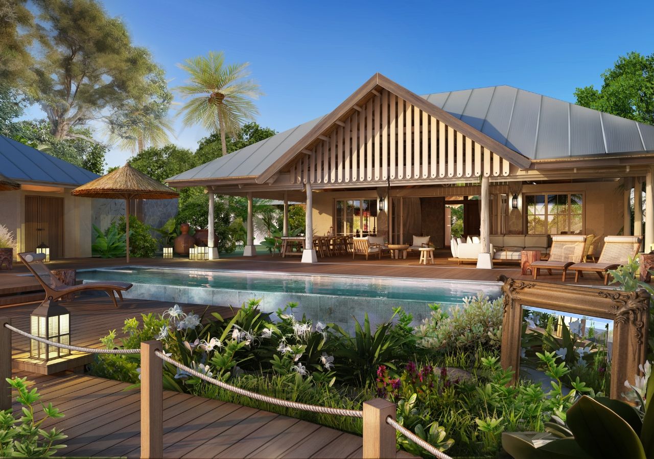 A resort with a swimming pool, outdoor seating, and a covered patio area.