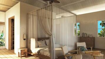 A bedroom with a canopy bed, a small table, a chair, a nightstand, and a dresser.