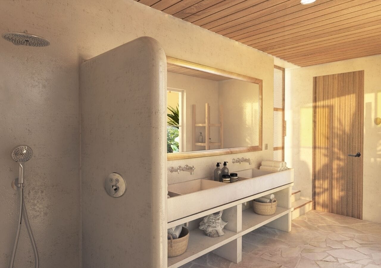 Une salle de bain avec une douche, un meuble-lavabo à deux vasques et un miroir.