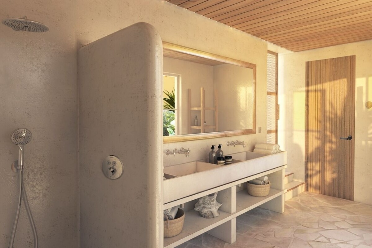 Villa 5 | Badkamer | Een douche, gratis toiletartikelen, een haardroger, pantoffels