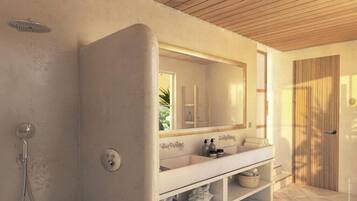 A bathroom with a shower, a sink with a mirror, and a wooden door.