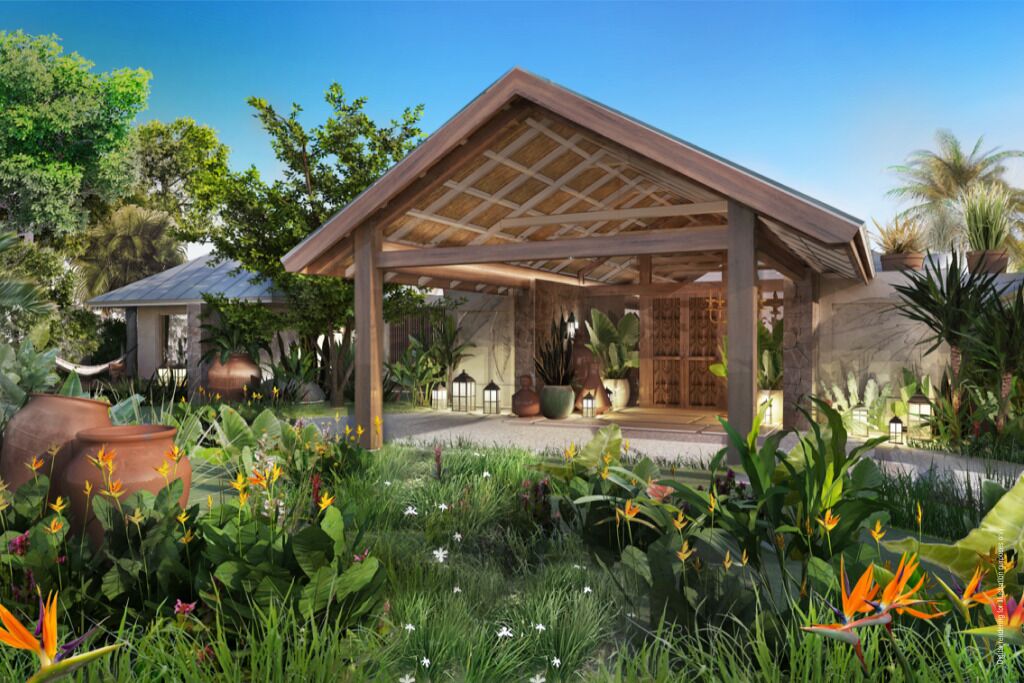 A covered outdoor area with a wooden structure, surrounded by lush greenery and various plants.