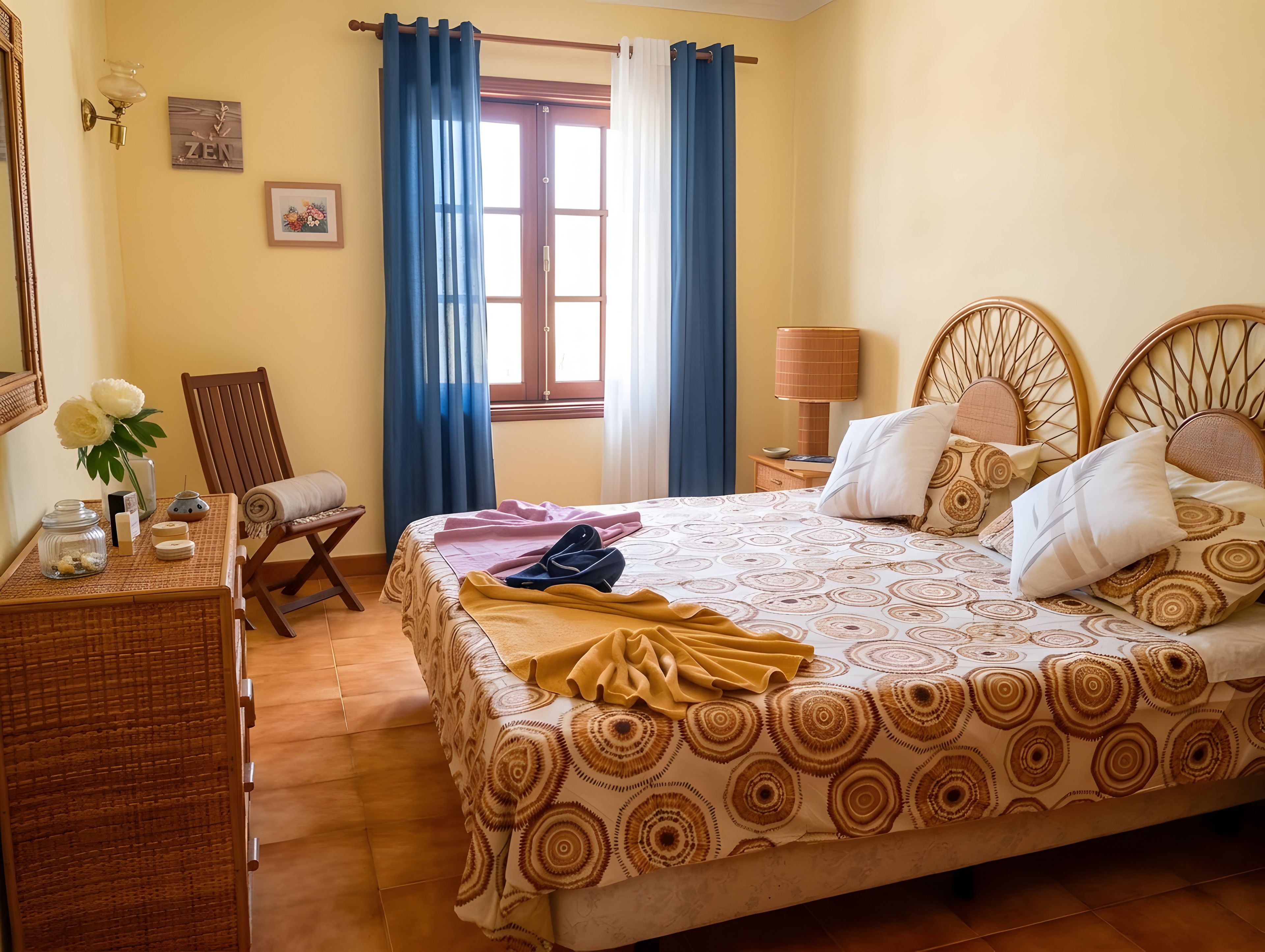 Habitación de hotel con una cama, una silla, una mesa con un jarrón de flores, una lámpara y un ventanal con cortinas.