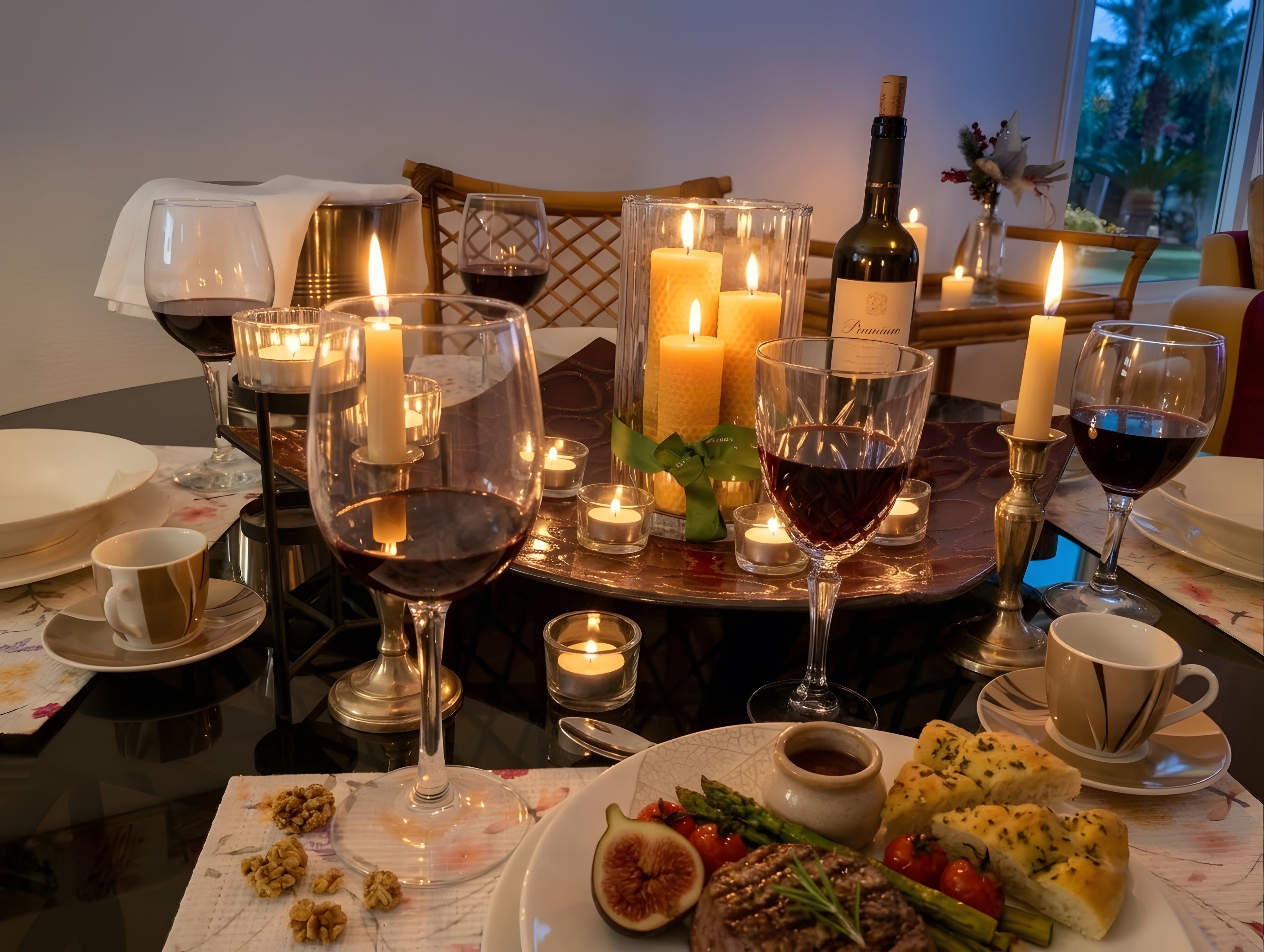 Una mesa preparada para una comida con copas de vino, velas y una botella de vino.