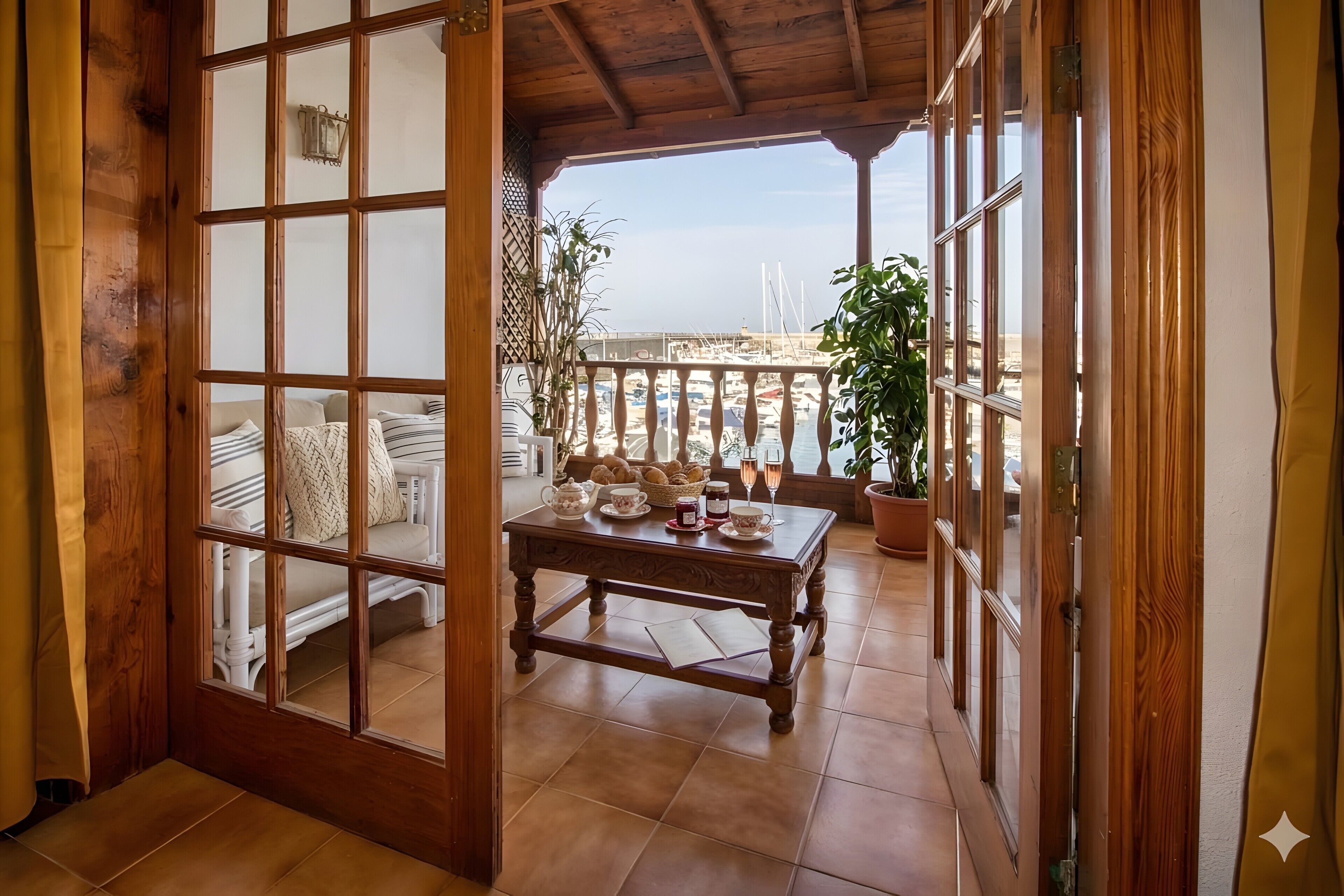 A room with a wooden floor, a table with tea set, and a view of boats on the water.