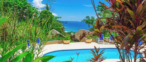 Une piscine avec vue sur l’océan, entourée de plantes tropicales et de chaises longues.