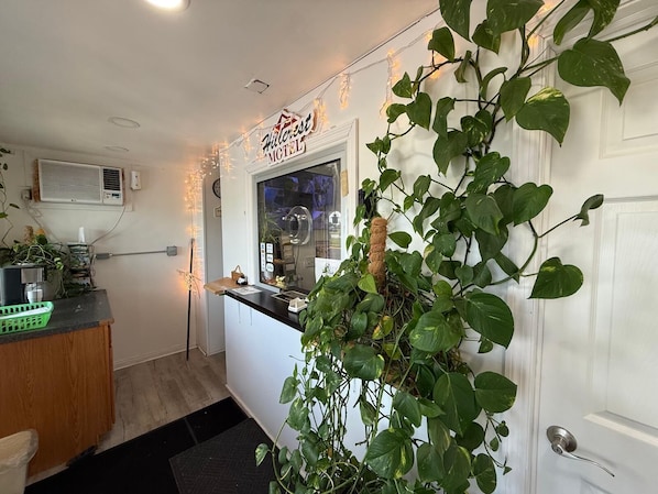 Mostrador de recepción de motel con un letrero, un espejo y una planta.