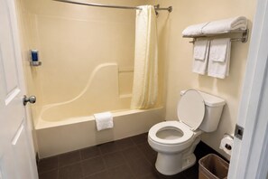 Un baño con bañera, inodoro y un cubo de basura.