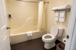 A bathroom with a bathtub, toilet, and a trash bin.
