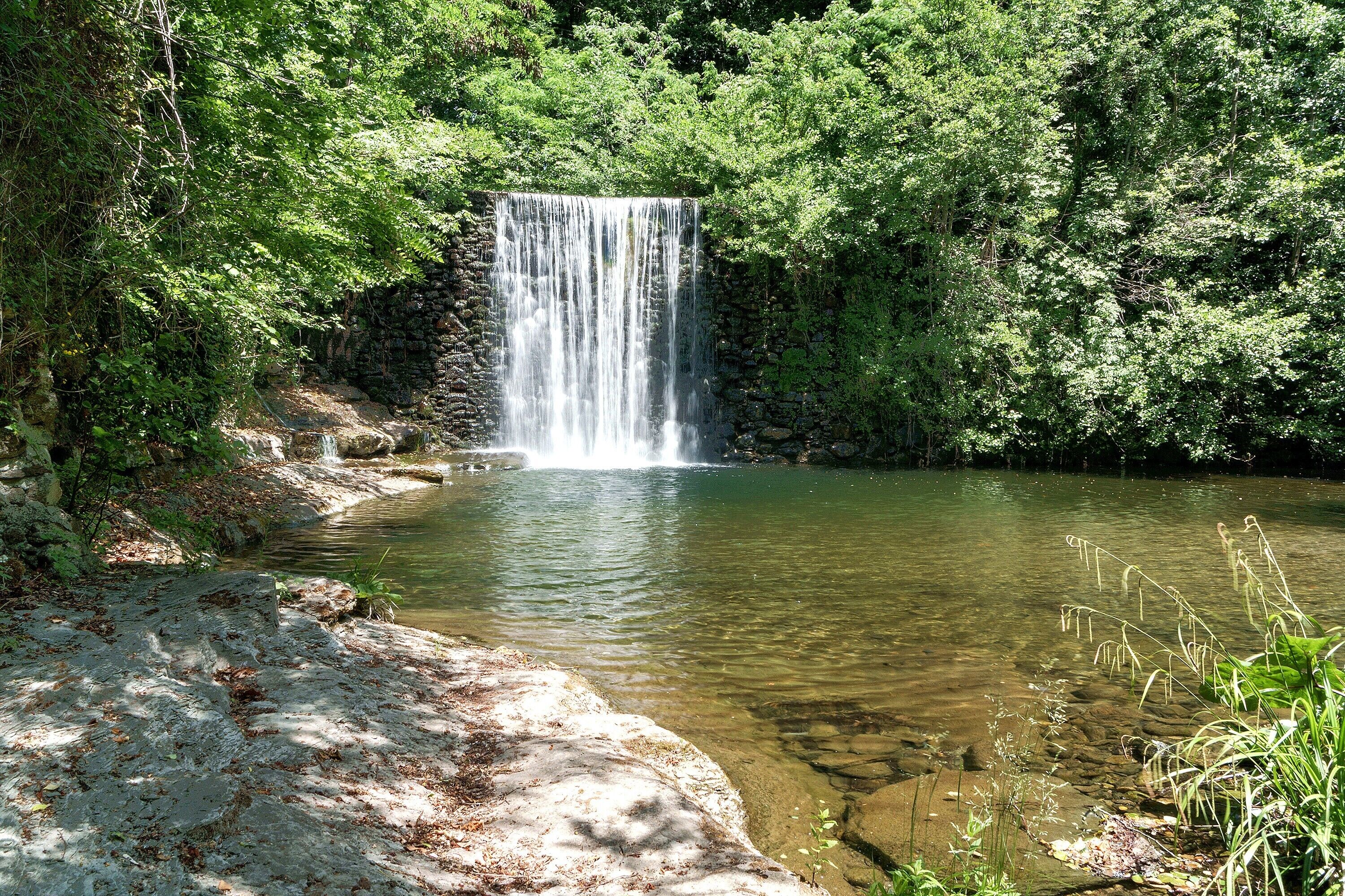 Ein Wasserfall in bewaldeter Landschaft mit klarem Wasser und felsigem Gelände.