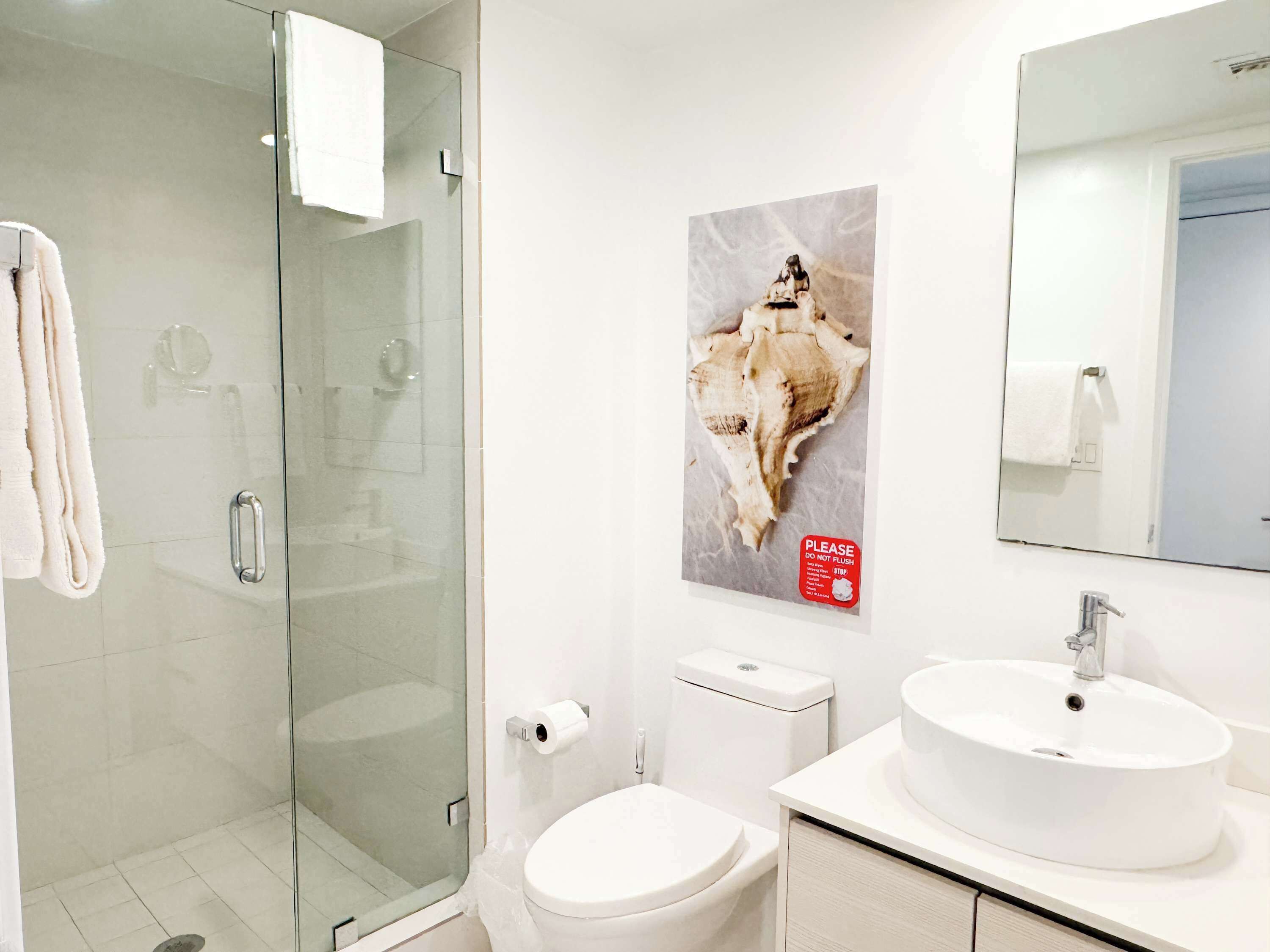 A modern bathroom with a glass shower enclosure, a toilet, a sink, and a mirror.