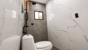 Shower, hair dryer, shampoo