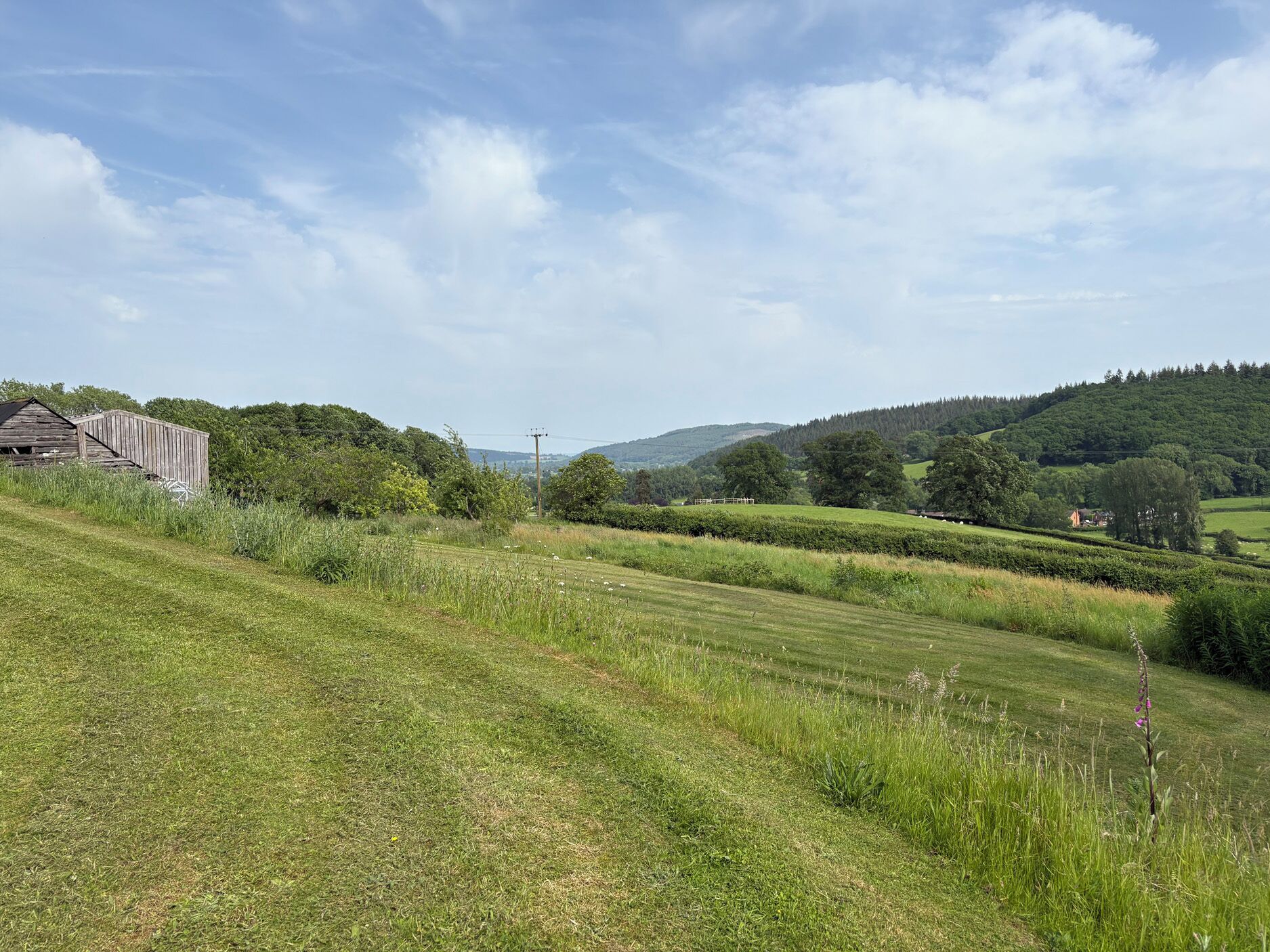 A rural landscape with a dilapidated barn, rolling hills, and a clear sky.