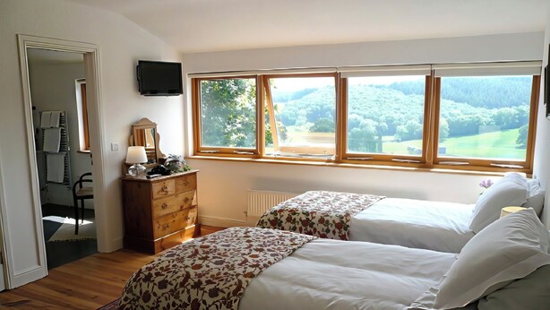 Ein Schlafzimmer mit zwei Betten, einem Schminktisch, einem Fernseher und einem Fenster mit Blick auf einen Wald.