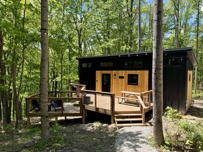 Eine Hütte mit Terrasse, Picknicktisch und einem kleinen Schuppen im Wald.