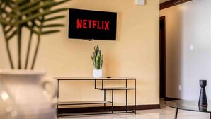 A wall-mounted television with the word 'NETFLIX' in red letters, a potted plant, and a small table with a vase. - Fast Wi-Fi Spacious & Cozy Central DT Home (McAllen)