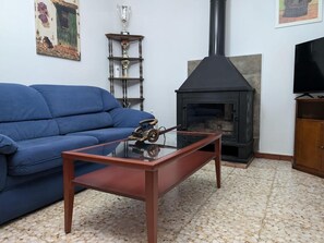 Un salon avec un canapé bleu, une table basse en verre sur laquelle est posé un jouet ancien, une cheminée et un meuble pour la télévision.