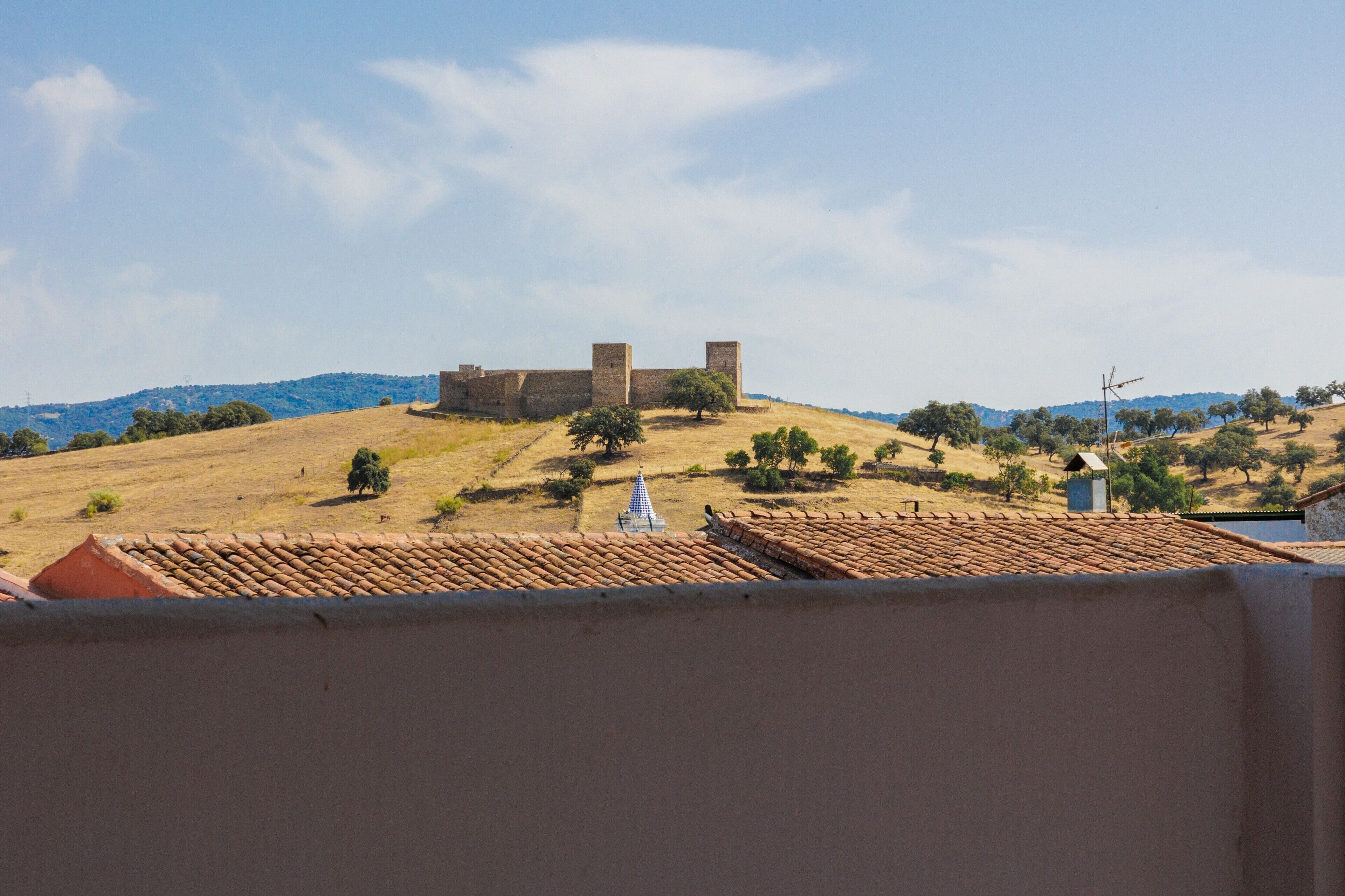 Vista de um castelo no alto de uma colina, sob um céu claro, rodeado por vegetação rasteira e algumas árvores.