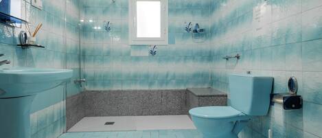 A bathroom with a shower, toilet, bidet, and a window.