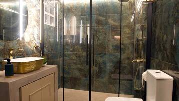 Shower, hair dryer, towels, shampoo