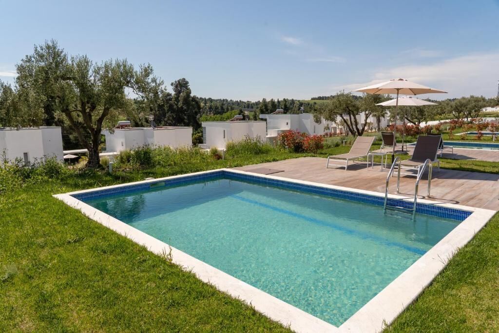 Una piscina rettangolare con acqua cristallina, circondata da un prato e da un pontile in legno.