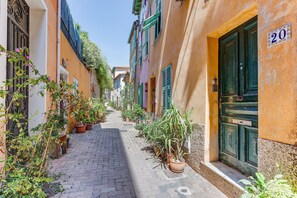Una estrecha calle empedrada con edificios a ambos lados, macetas y una puerta verde con el número 20.