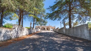 A paved pathway leading to a building with a tiled roof, flanked by trees and stone walls. - Villa Latina Apartment in villa with garden, Wi-Fi and air conditioning (Solarino)