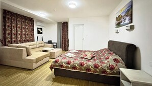 A bedroom with a bed, a sofa, a desk, and a chair. - Hotel Sunrise (Delchevo)