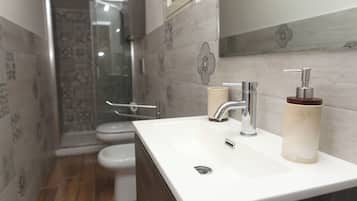 Shower, hair dryer, bidet, towels