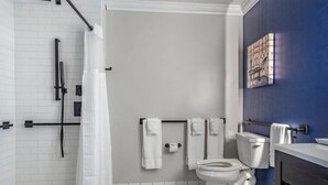 Une salle de bain équipée d’une douche, de toilettes et d’un porte-serviettes.