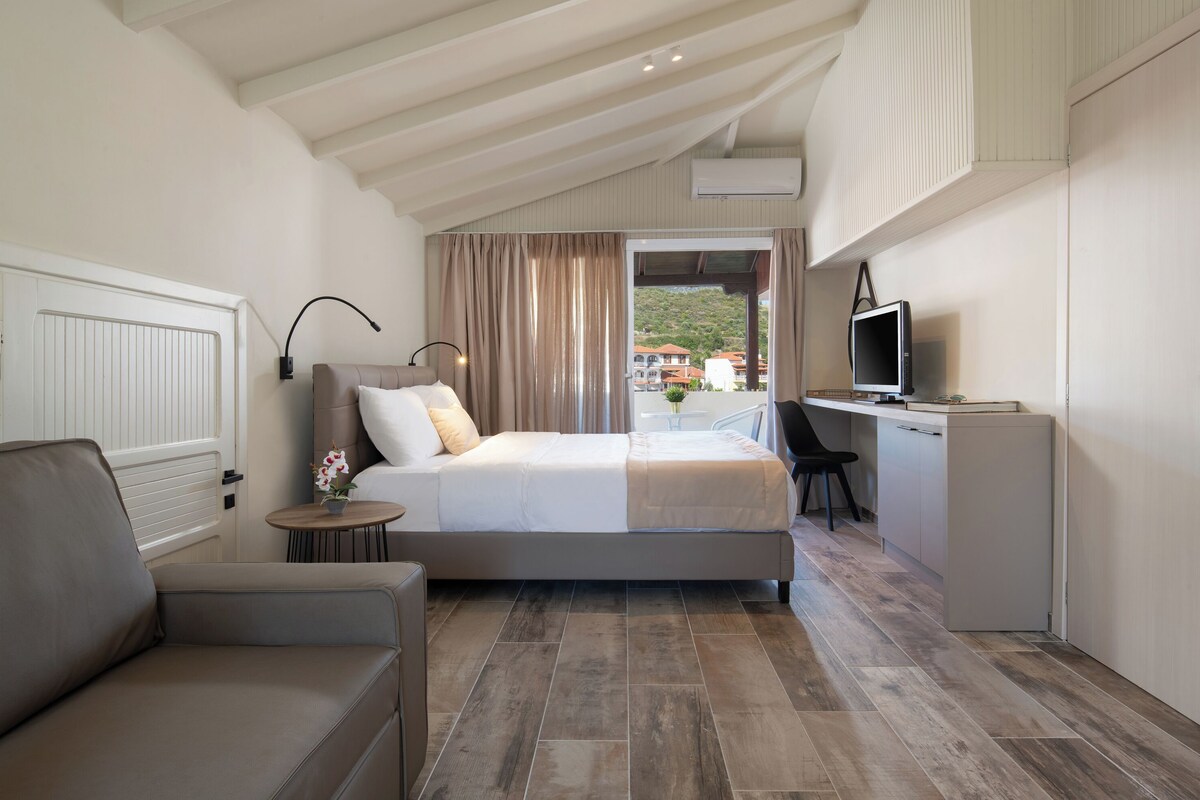 A bedroom with a bed, a desk, a chair, a sofa, and a TV.
