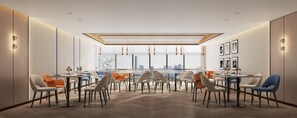 A modern dining area with multiple tables and chairs, large windows with a city view, and decorative wall sconces. - Holiday Inn Express Beijing Haidian Suzhouqiao by IHG (Beijing)