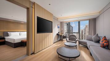 Down comforters, desk, blackout drapes, soundproofing