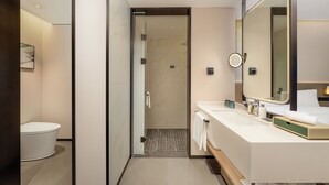 Une salle de bain moderne équipée d’une douche, de toilettes et d’un meuble-lavabo avec un miroir.