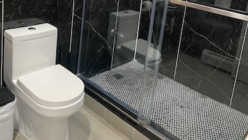 Chuveiro, secador de cabelo, toalhas de banho, sabonete