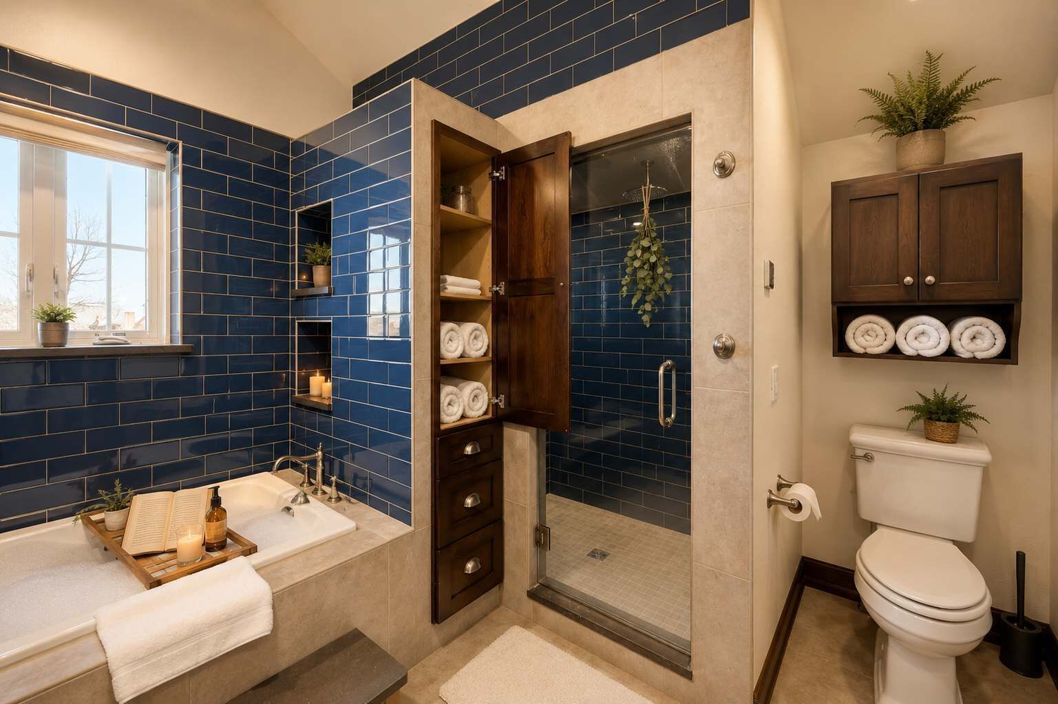 Een douche, een haardroger, handdoeken, shampoo
