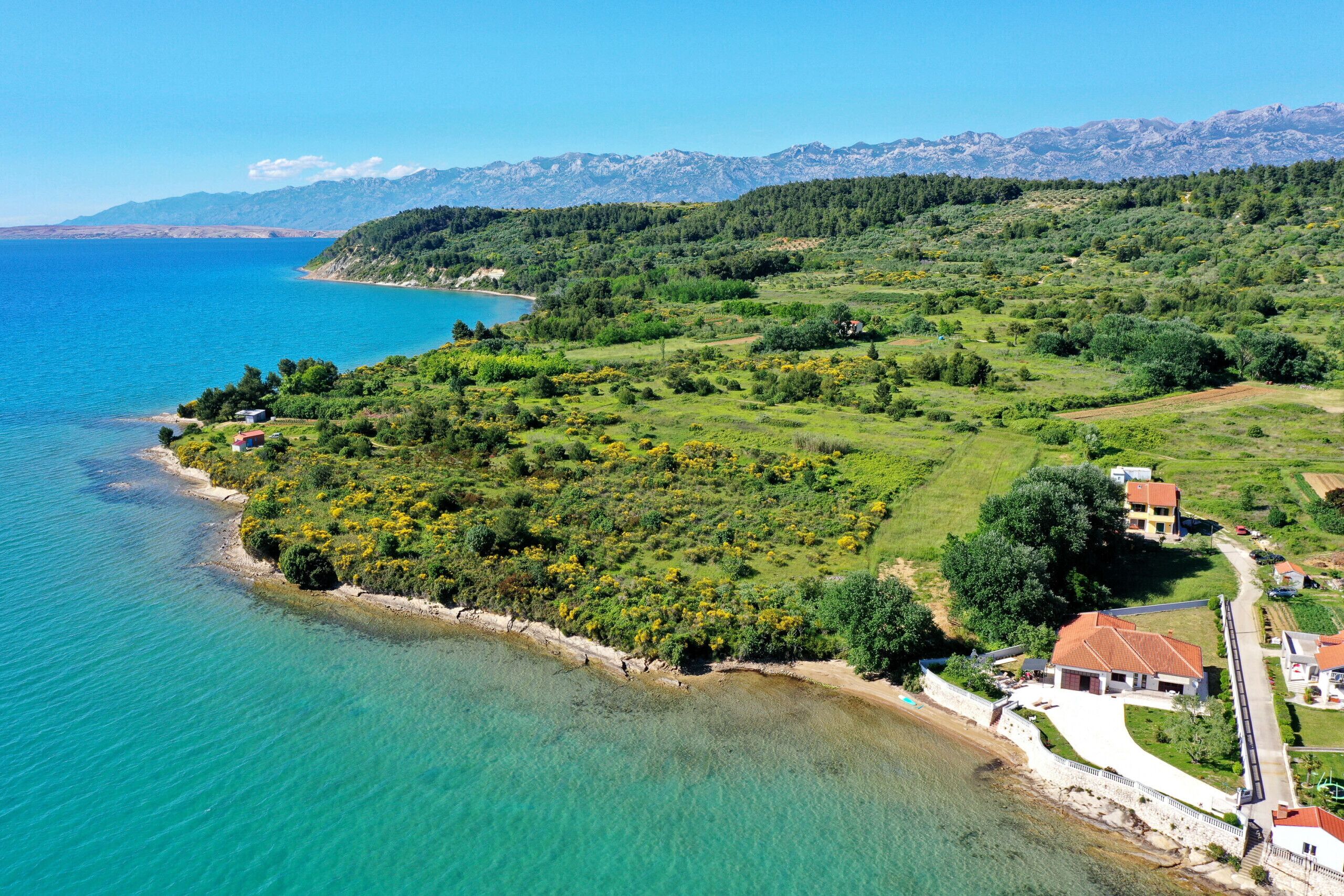Une vue aérienne d’une zone côtière, offrant une vue dégagée sur la mer, des collines verdoyantes et quelques bâtiments.