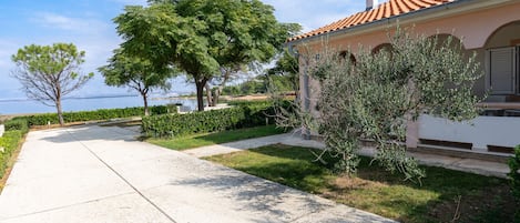 A pathway leading to a building with a tiled roof, surrounded by greenery and a clear sky.
