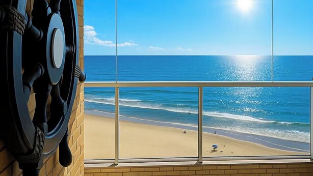Una habitación con un gran ventanal con vistas a una playa, un timón de barco en la pared y suelo de baldosas.