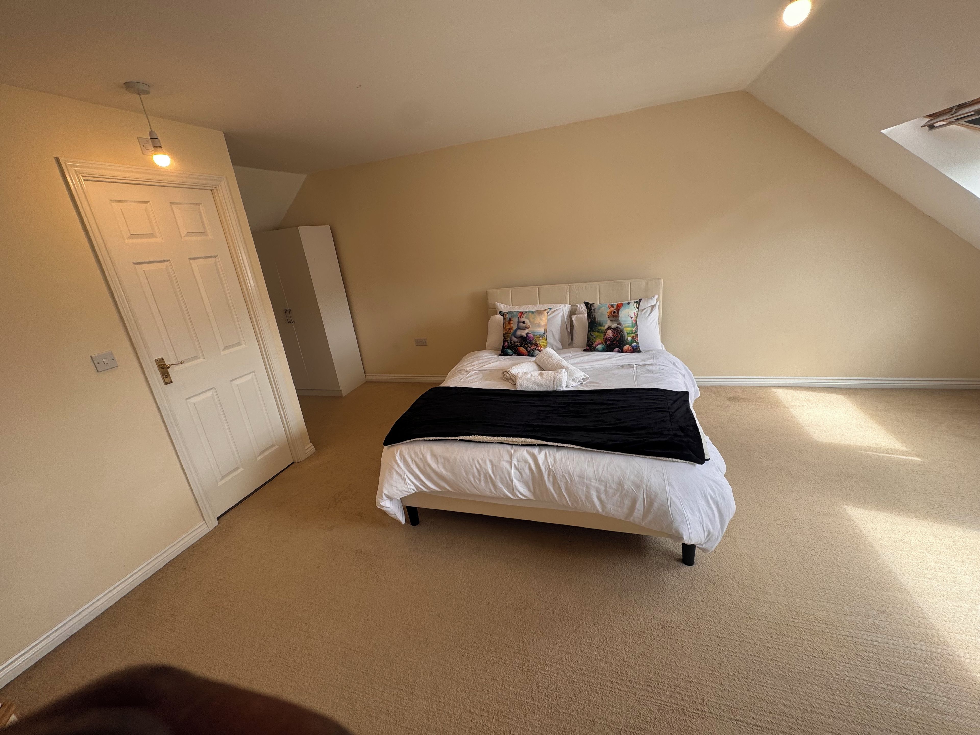 Ein Schlafzimmer mit einem Bett, einer Tür und einer Deckenleuchte.
