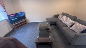 Ein Wohnzimmer mit einem Flachbildfernseher auf einem Holzboden, einem grauen Sofa mit gemusterten Kissen, einem Couchtisch mit Fernbedienungen und einem Teppichboden.