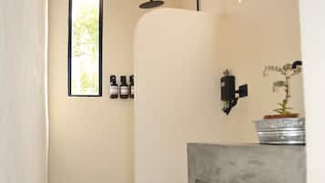 Regadera, jabón, shampoo, papel de baño
