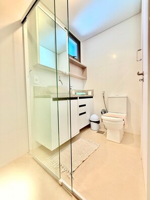 A modern bathroom with a glass shower enclosure, a white toilet, and a small sink with a mirror above.