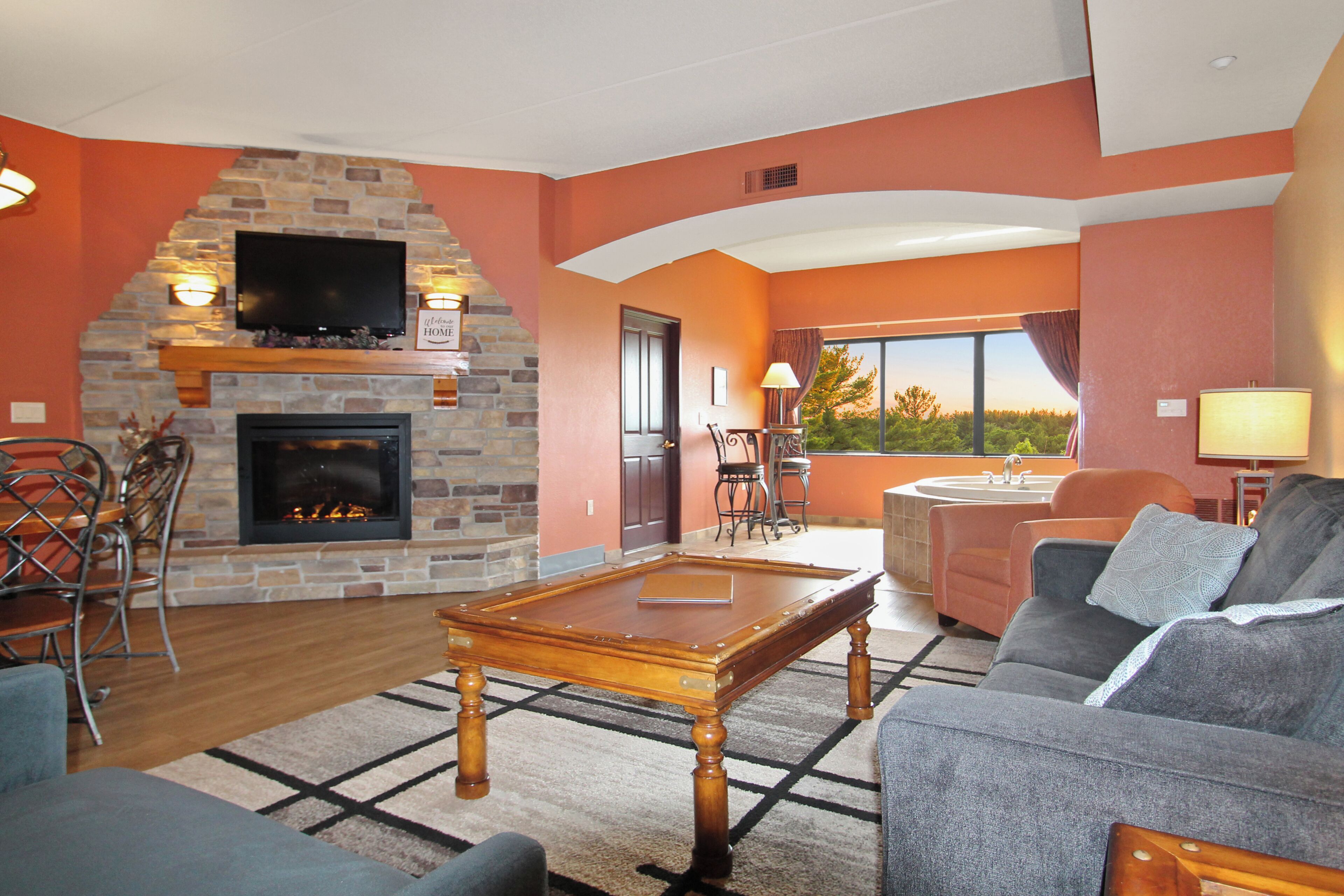 TV, fireplace