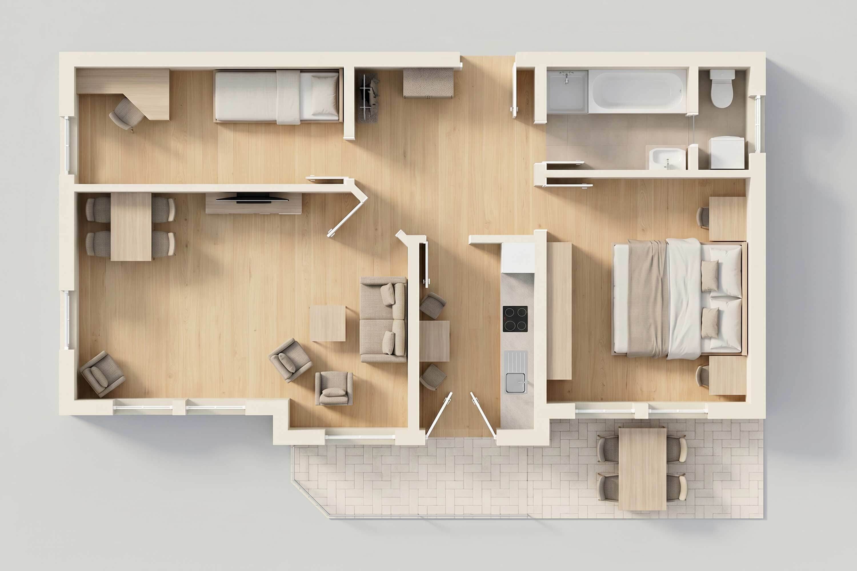 Grundriss einer 2-Zimmer-Wohnung mit Küche, Essbereich und einem kleinen Wohnzimmer.