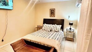 Ein Schlafzimmer mit einem Bett, Deckenventilator, Fernseher, Nachttisch, Lampe und einem Bild an der Wand.