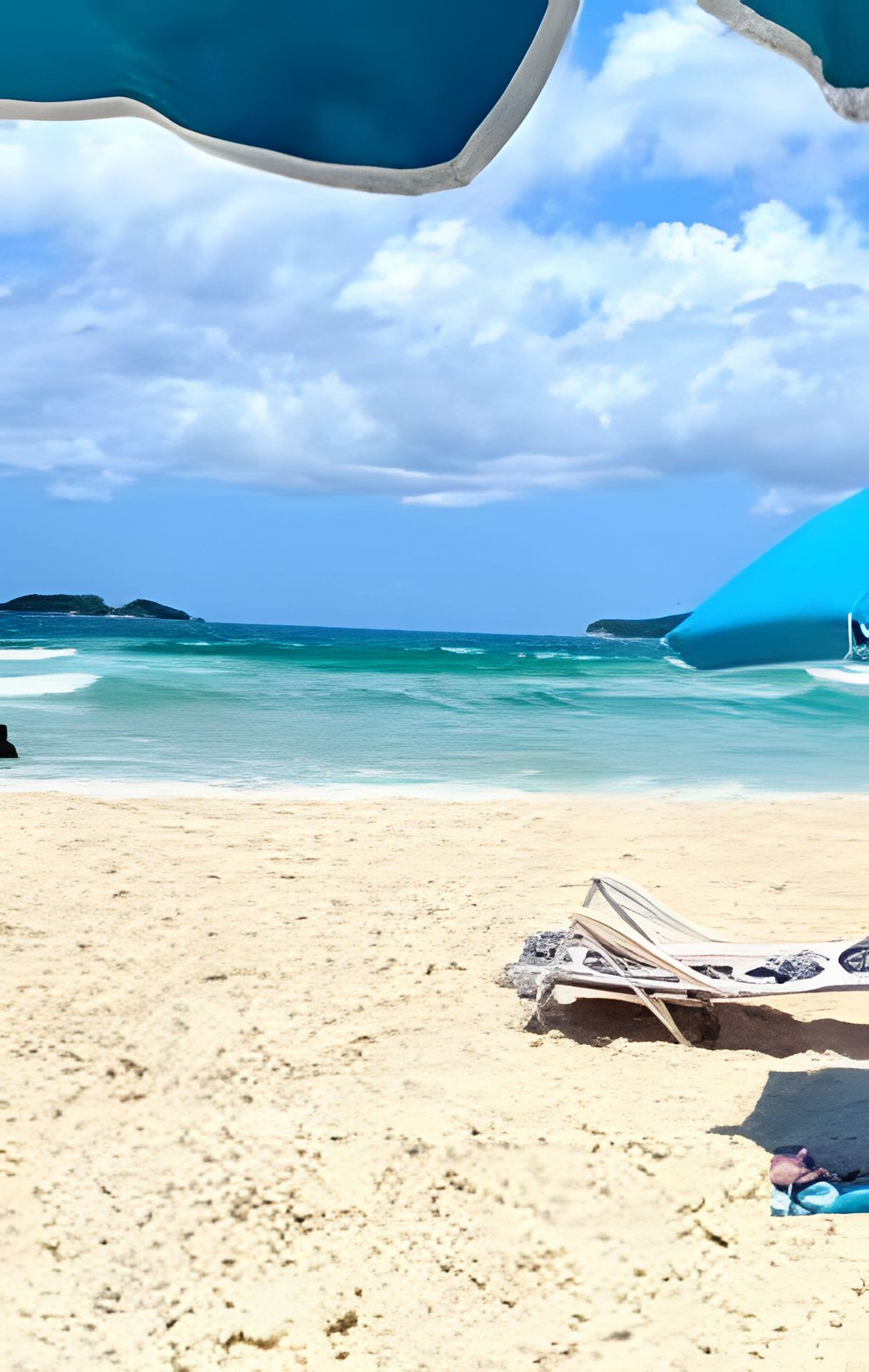 Une plage avec un hamac et une chaise de plage sur le sable.