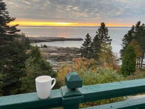 A white mug on a green railing overlooking a coastal landscape with trees and a sunset.