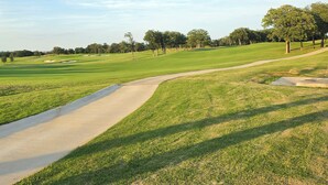 Ein Golfplatz mit Weg, Bäumen und blauem Himmel.