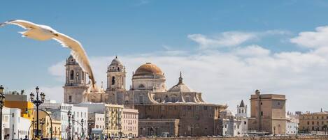 A coastal cityscape with historic architecture, including a prominent church with domes and bell towers, a rocky breakwater, and a clear blue sky.
